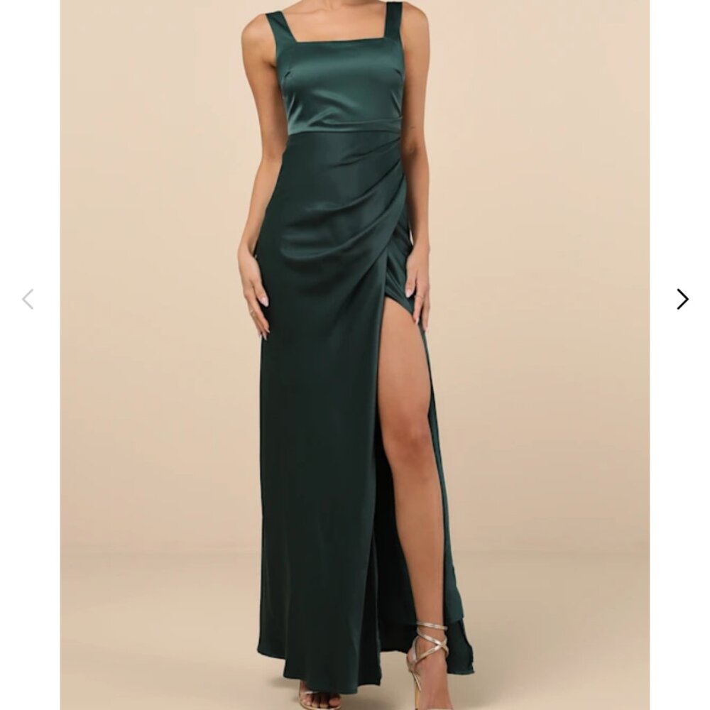 Red Carpet Romance Emerald Green Satin Square Neck Maxi Dress